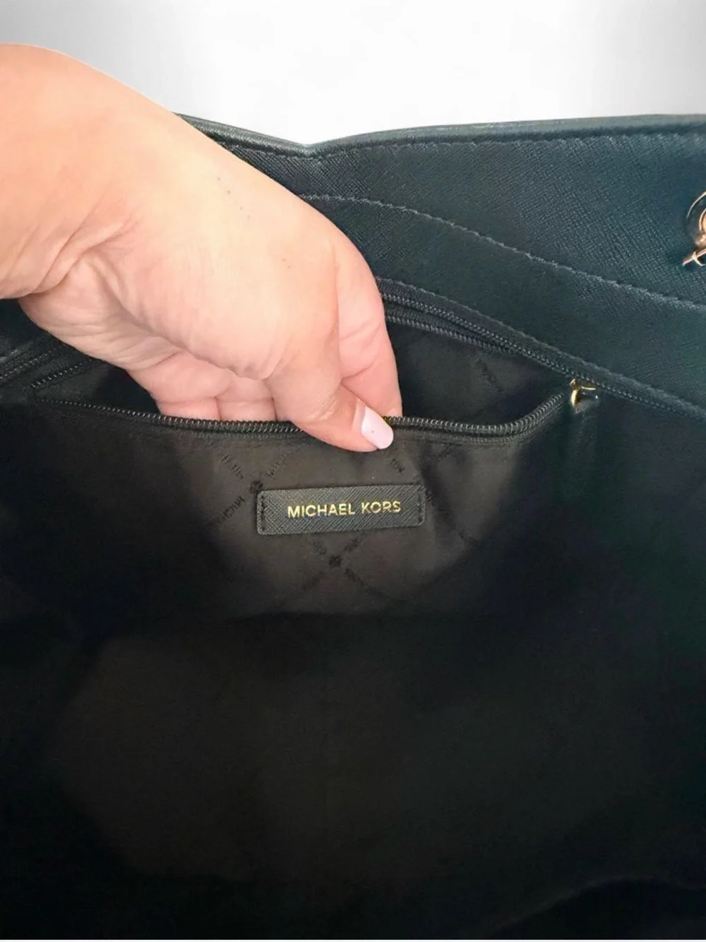 MICHAEL KORS Black Saffiano Leather Tote with Gold Chain Accents